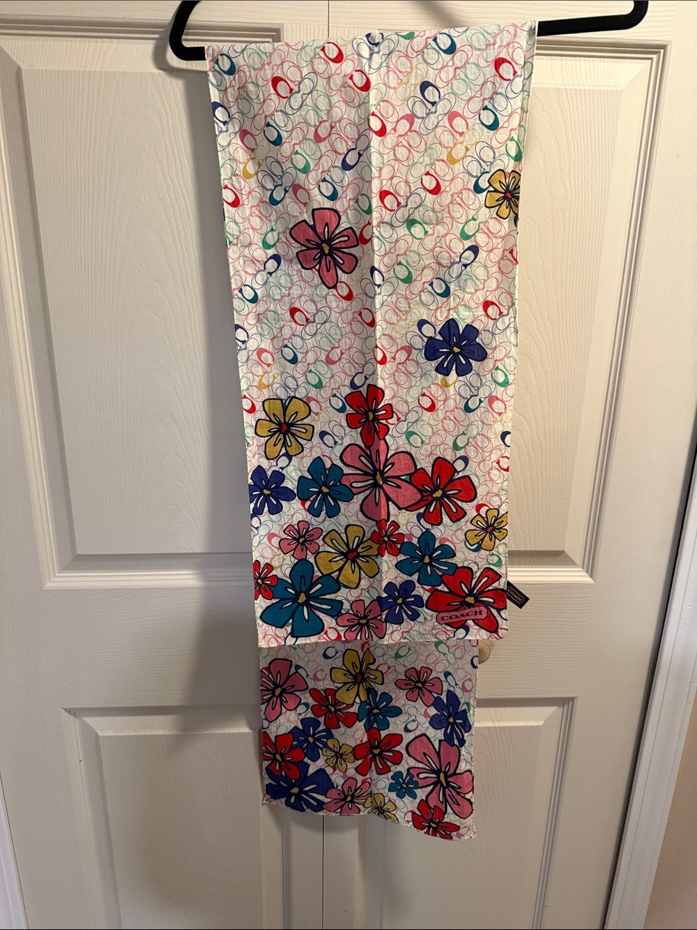 Coach White Floral 🌺Logo Oblong Scarf with Multicolor Blooms